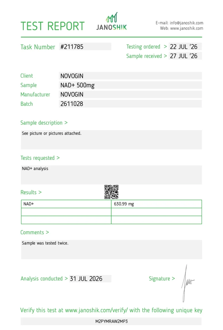 Certificate report 211785 for NAD+ 500 MG