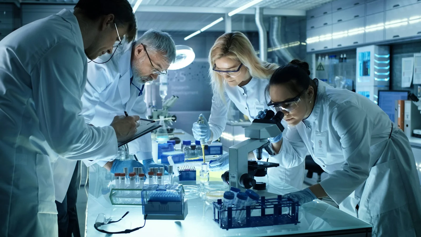 Researcher checking laboratory samples in a controlled working environment